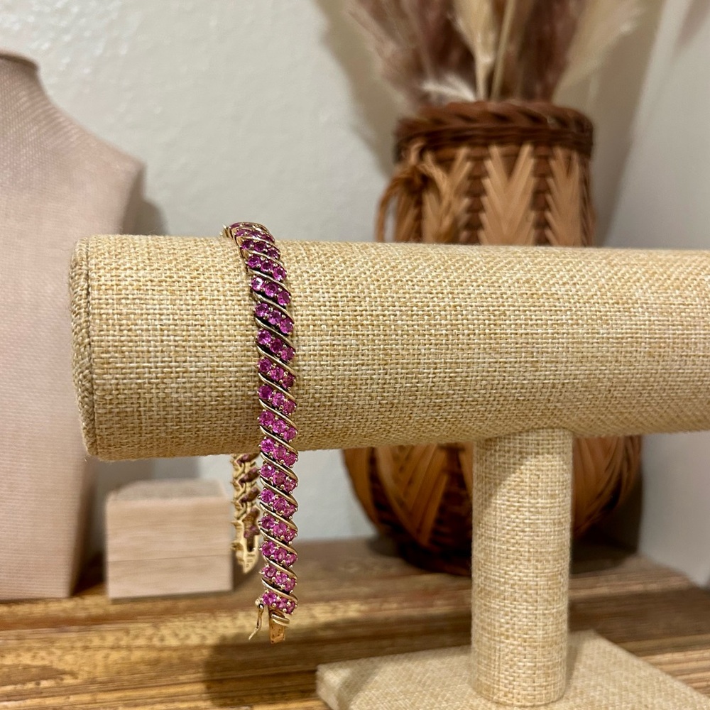 925 Sterling Silver Gold Plated Ruby Triple Stone All Around Bracelet